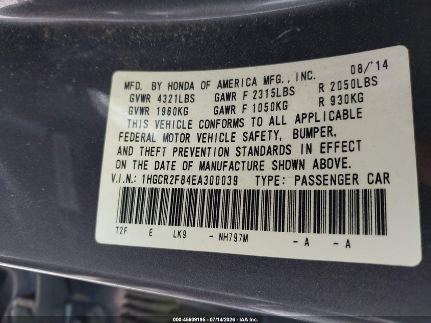 HONDA ACCORD 2014 VIN 1HGCR2F84EA300039