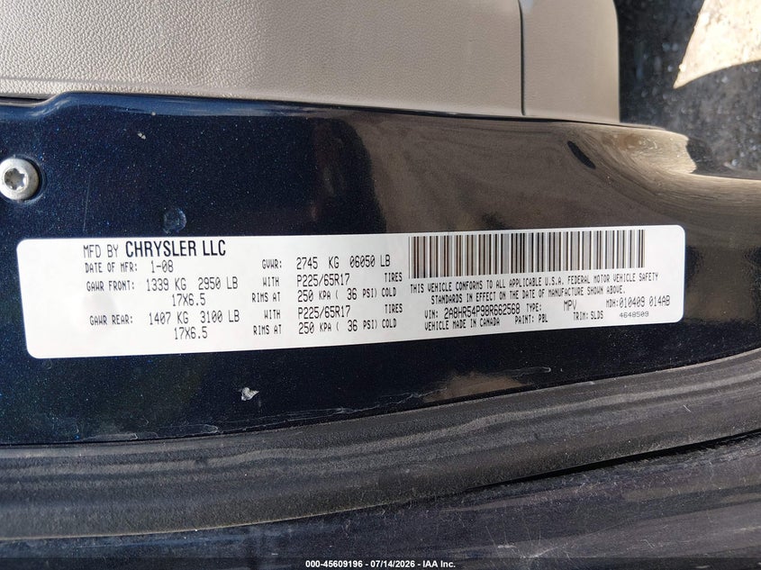 2008 Chrysler Town & Country Touring VIN: 2A8HR54P98R662568 Lot: 45609196