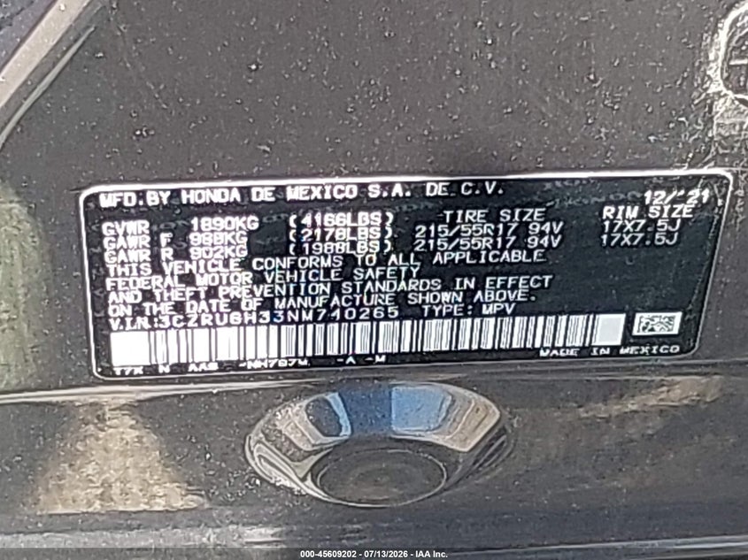 HONDA HR-V 2022 VIN 3CZRU6H33NM740265