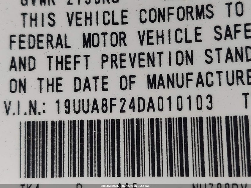 2013 Acura Tl 3.5 VIN: 19UUA8F24DA010103 Lot: 45609237
