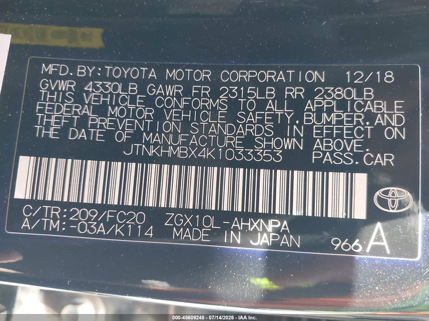 2019 Toyota C-Hr Le VIN: JTNKHMBX4K1033353 Lot: 45609248