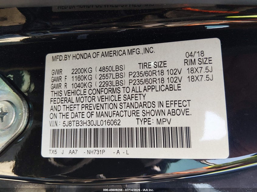 2018 Acura Rdx Acurawatch Plus Package VIN: 5J8TB3H30JL016062 Lot: 45609256