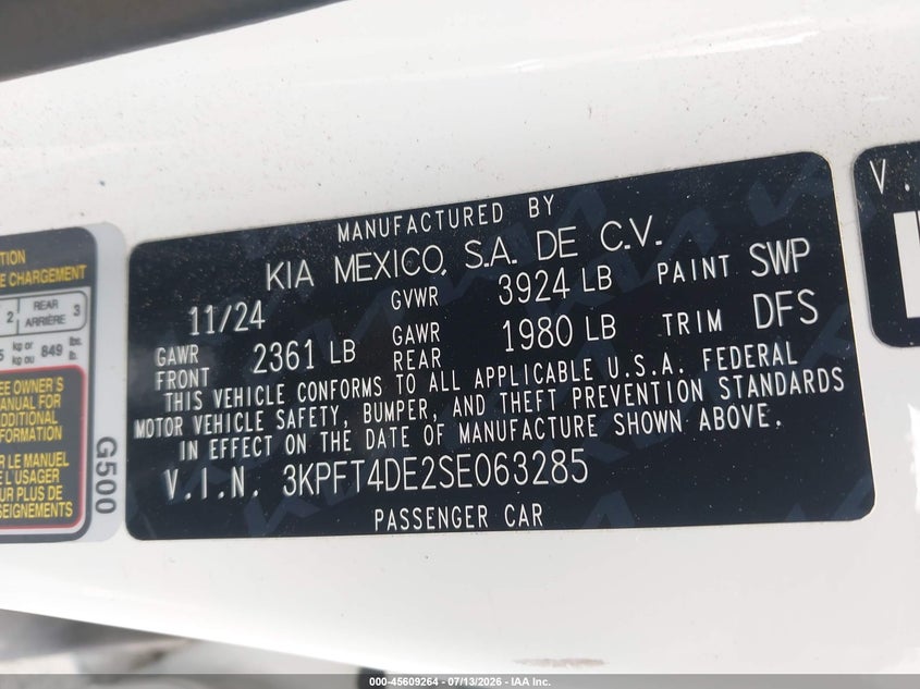 2025 Kia K4 Lxs VIN: 3KPFT4DE2SE063285 Lot: 45609264