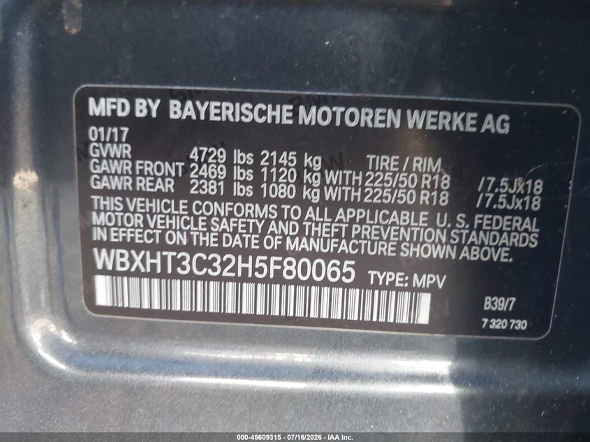2017 BMW X1 xDrive28I VIN: WBXHT3C32H5F80065 Lot: 45609315