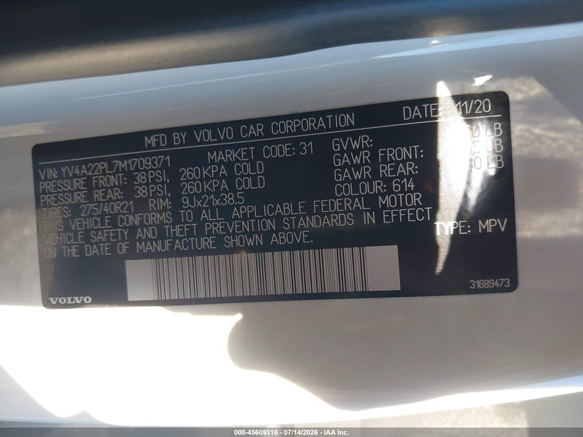 2021 Volvo Xc90 T6 Inscription 7 Passenger VIN: YV4A22PL7M1709371 Lot: 45609316