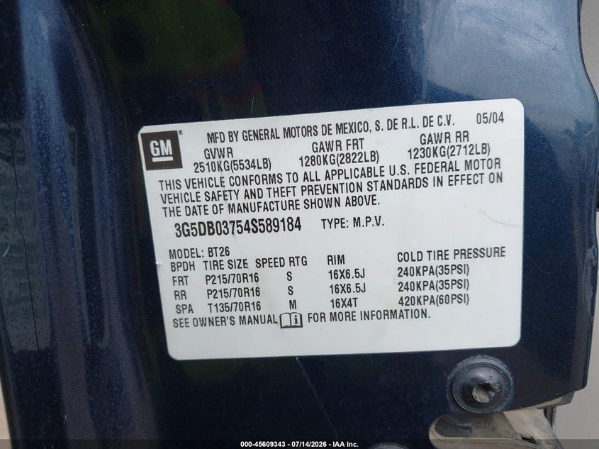 2004 Buick Rendezvous Cx VIN: 3G5DB03754S589184 Lot: 45609343
