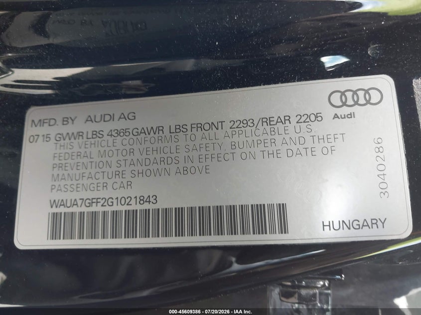 2016 Audi A3 1.8T Premium VIN: WAUA7GFF2G1021843 Lot: 45609386