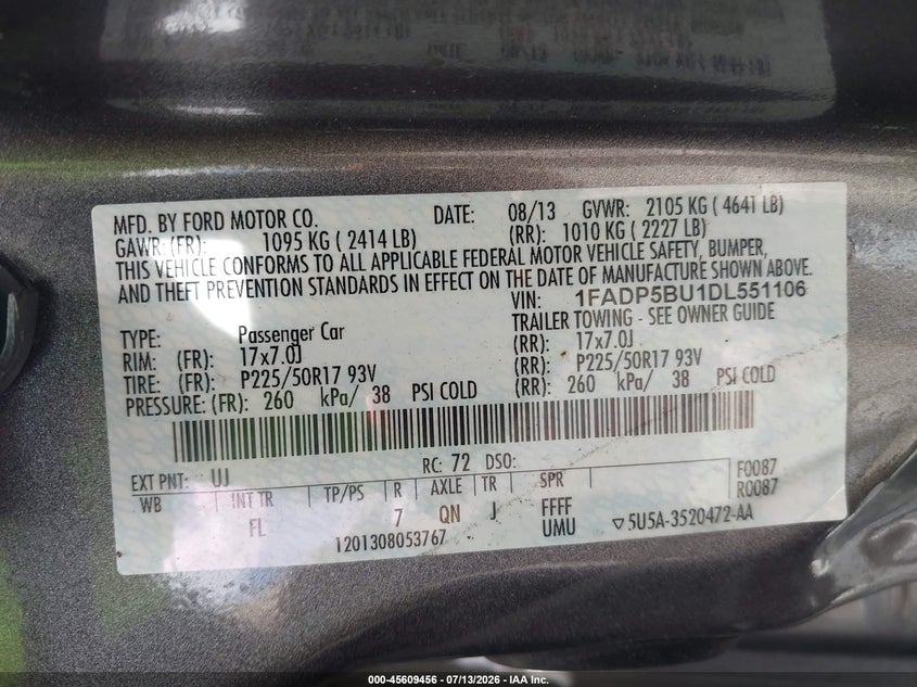 2013 Ford C-Max Hybrid Sel VIN: 1FADP5BU1DL551106 Lot: 45609456