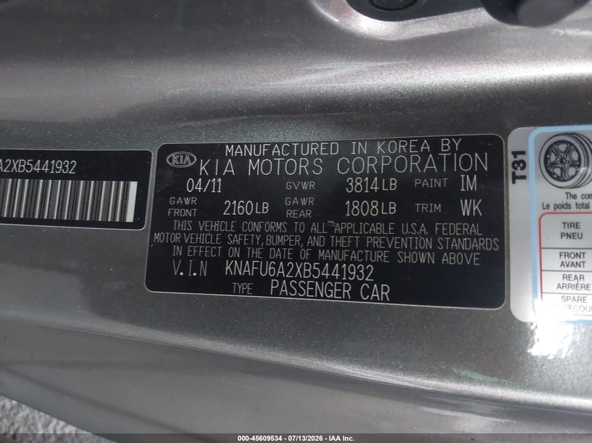 2011 KIA FORTE COUPE 2.0L I-4 DOHC, VVT, 156HP