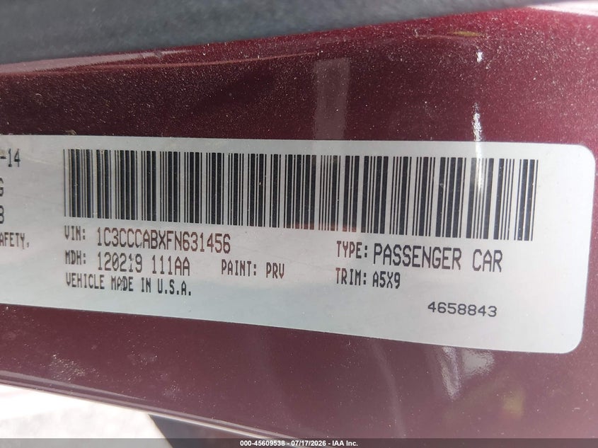 2015 Chrysler 200 Limited VIN: 1C3CCCABXFN631456 Lot: 45609538