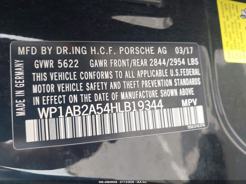 2017 Porsche Macan S VIN: WP1AB2A54HLB19344 Lot: 45609556
