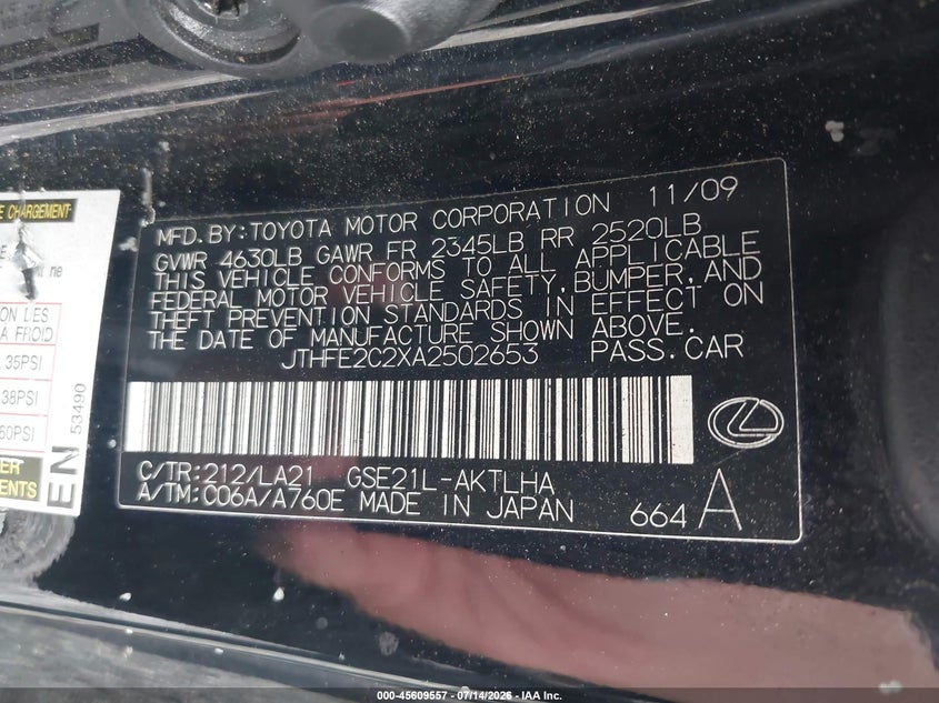 2010 Lexus Is 350C VIN: JTHFE2C2XA2502653 Lot: 45609557