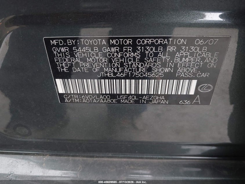 2007 Lexus Ls 460 VIN: JTHBL46F175045625 Lot: 45609565
