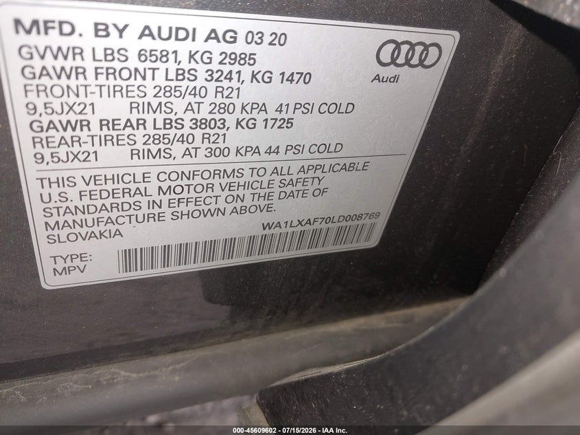 2020 Audi Q7 Premium Plus 55 Tfsi Quattro Tiptronic VIN: WA1LXAF70LD008769 Lot: 45609602