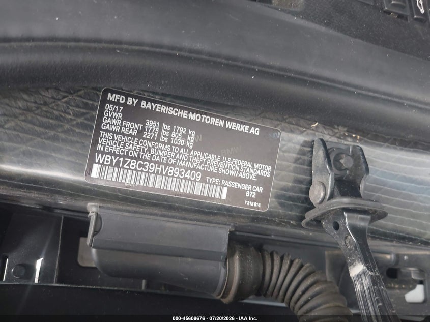 2017 BMW I3 94 Ah W/Range Extender VIN: WBY1Z8C39HV893409 Lot: 45609676