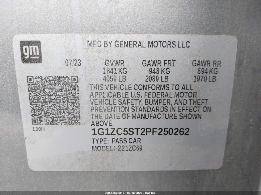 2023 Chevrolet Malibu Fwd 1Fl VIN: 1G1ZC5ST2PF250262 Lot: 45609813
