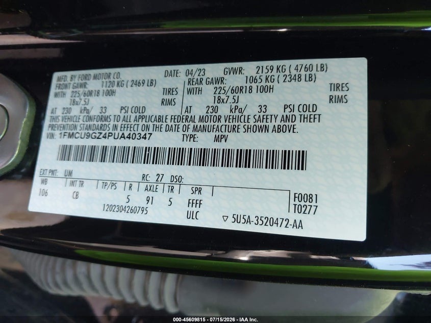 2023 Ford Escape Active VIN: 1FMCU9GZ4PUA40347 Lot: 45609815