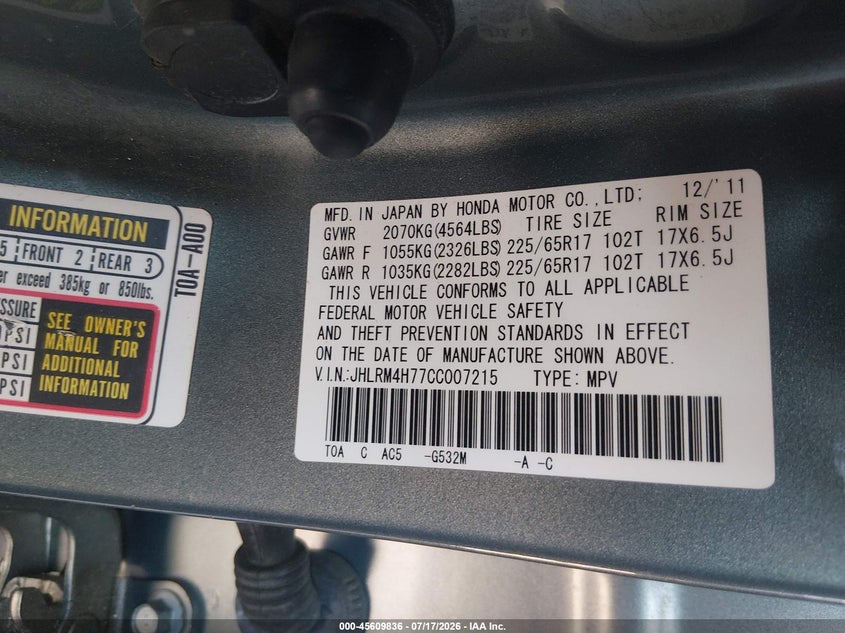 2012 HONDA CR-V SPORT UTILITY VEHICLE 2.4L I-4 DOHC, VVT, 185HP