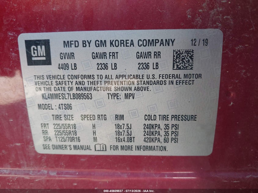 2020 Buick Encore Gx Awd Select VIN: KL4MMESL7LB089563 Lot: 45609837
