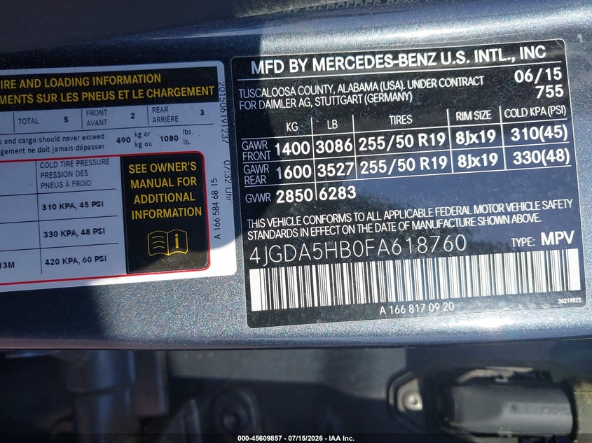 2015 Mercedes-Benz Ml 350 4Matic VIN: 4JGDA5HB0FA618760 Lot: 45609857