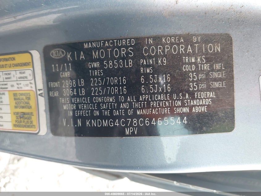 2012 Kia Sedona Lx VIN: KNDMG4C78C6465544 Lot: 45609865