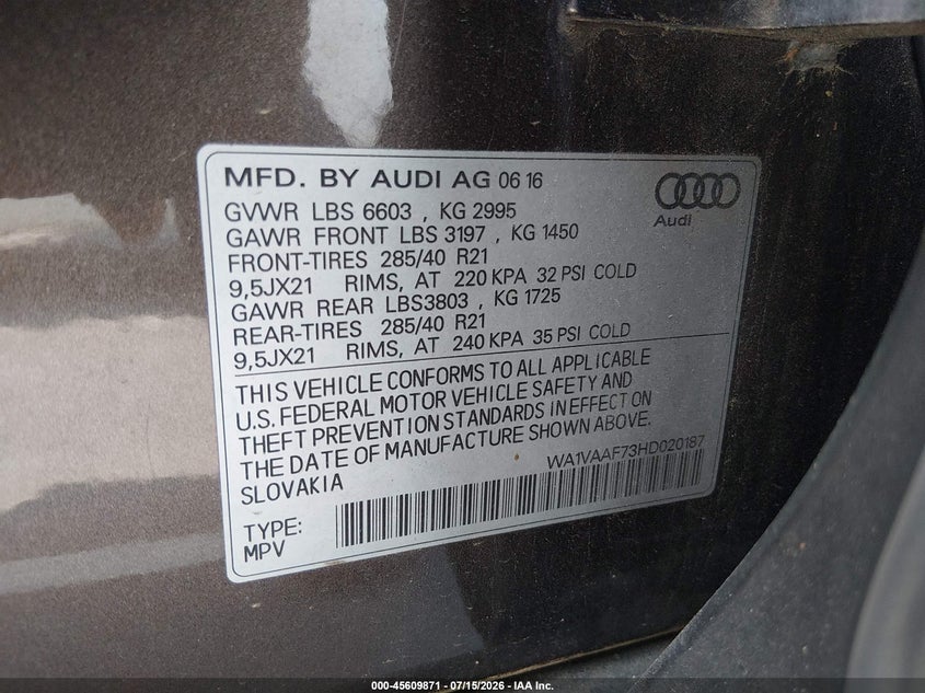 2017 Audi Q7 3.0T Premium VIN: WA1VAAF73HD020187 Lot: 45609871