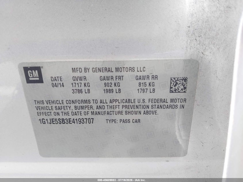 2014 Chevrolet Sonic Ltz Auto VIN: 1G1JE5SB3E4193707 Lot: 45609883