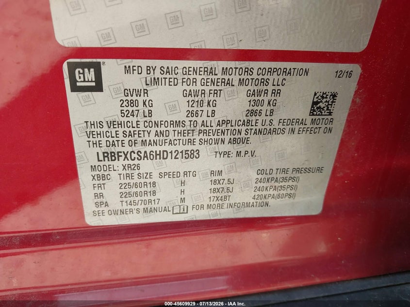 2017 Buick Envision Preferred VIN: LRBFXCSA6HD121583 Lot: 45609929