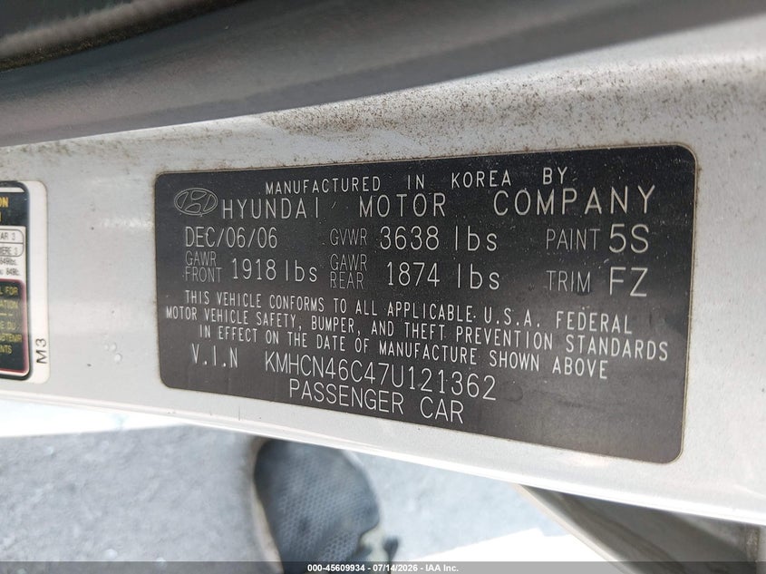 2007 Hyundai Accent Gls VIN: KMHCN46C47U121362 Lot: 45609934