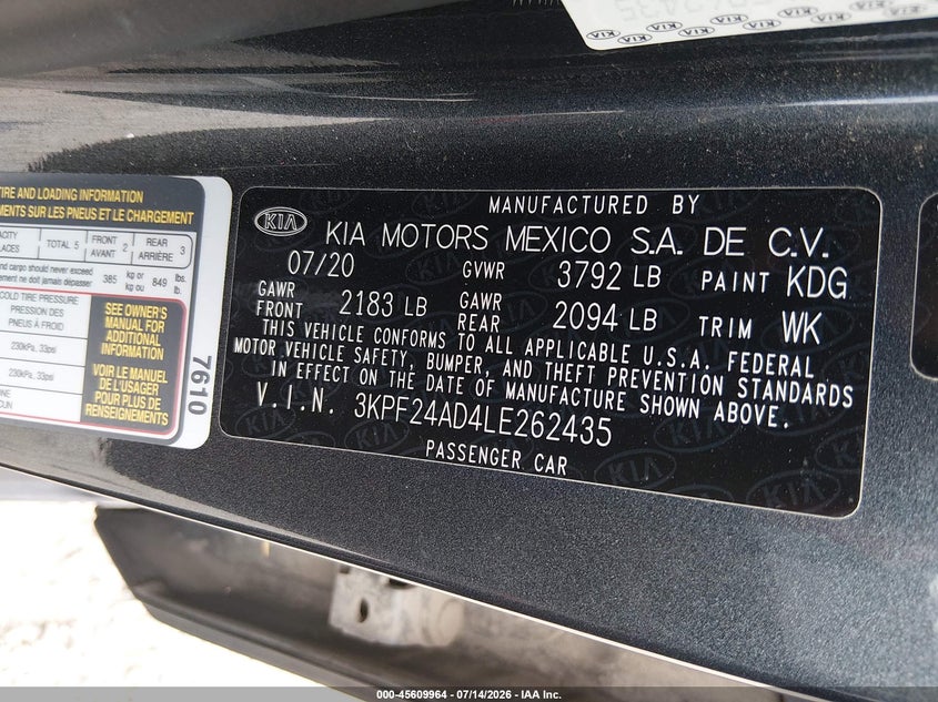 2020 KIA FORTE SEDAN 2.0L I-4 DOHC, VVT, 147HP