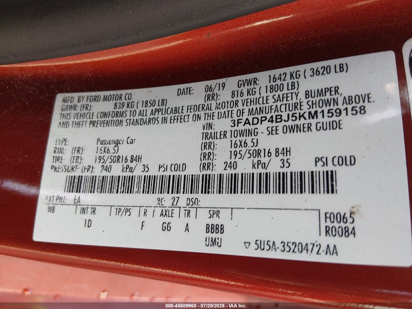2019 Ford Fiesta Se VIN: 3FADP4BJ5KM159158 Lot: 45609968