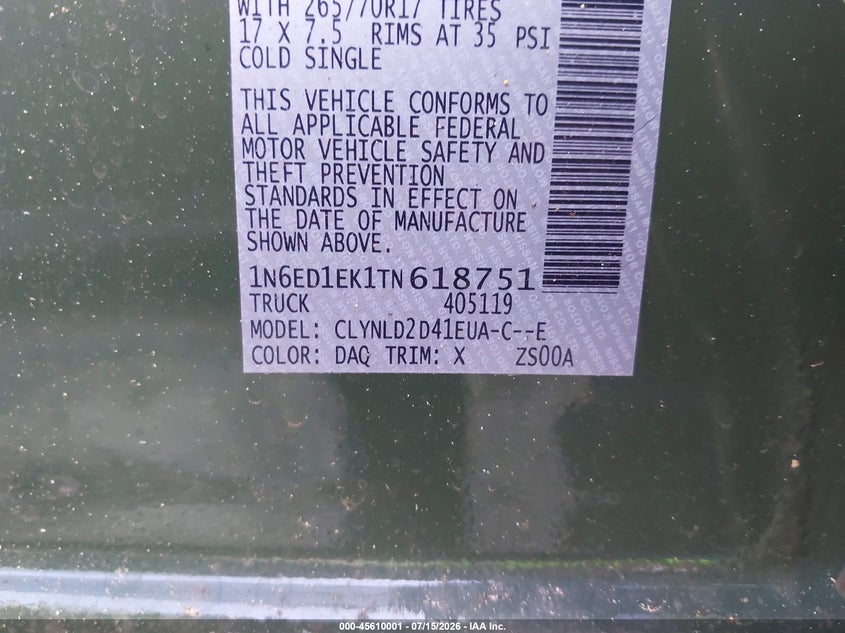 NISSAN FRONTIER 2026 VIN 1N6ED1EK1TN618751
