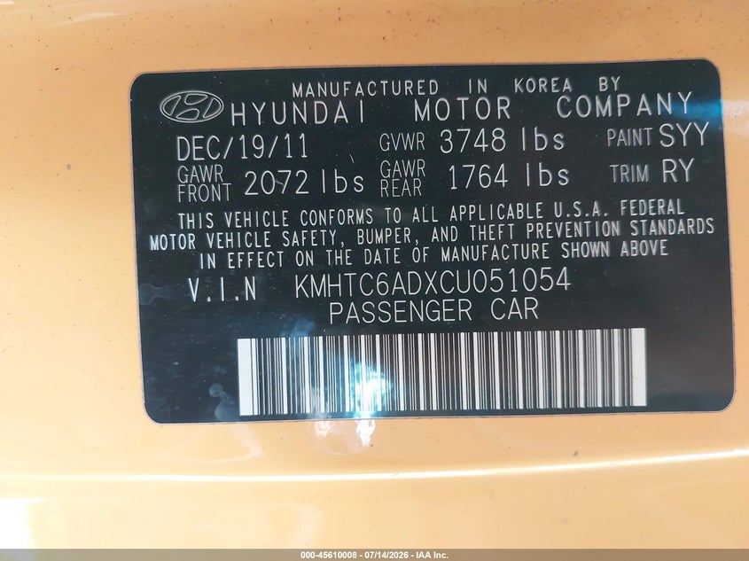 2012 Hyundai Veloster Base W/Black VIN: KMHTC6ADXCU051054 Lot: 45610008