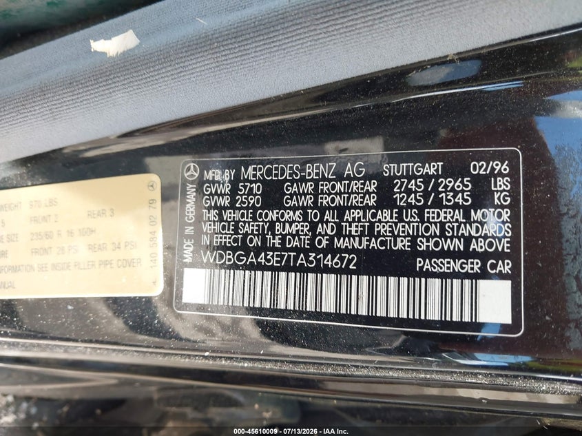 1996 Mercedes-Benz S 420 VIN: WDBGA43E7TA314672 Lot: 45610009
