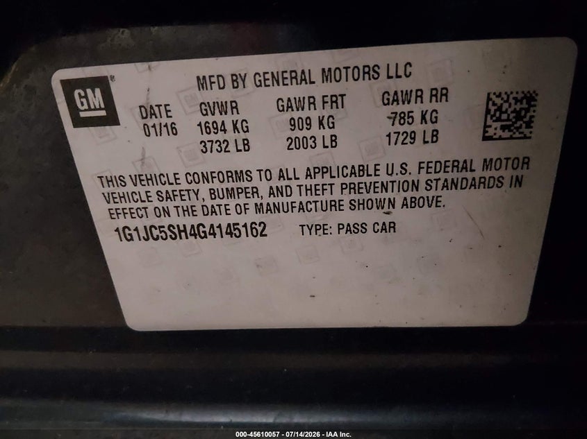 2016 Chevrolet Sonic Lt Auto VIN: 1G1JC5SH4G4145162 Lot: 45610057