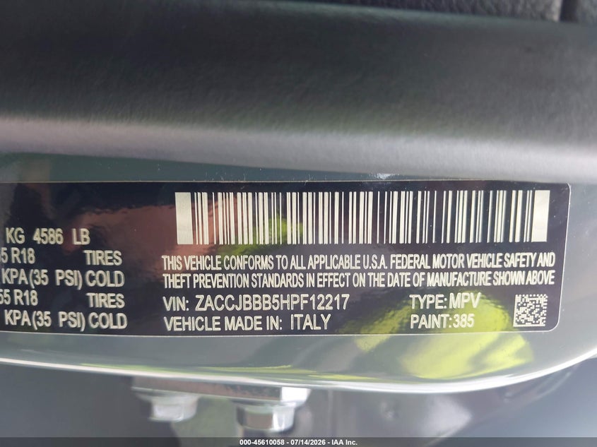 2017 Jeep Renegade Altitude VIN: ZACCJBBB5HPF12217 Lot: 45610058