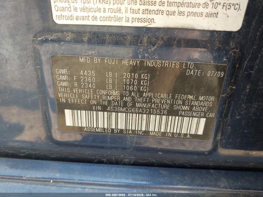 2010 Subaru Legacy 2.5I Premium VIN: 4S3BMCG66A3215536 Lot: 45610068