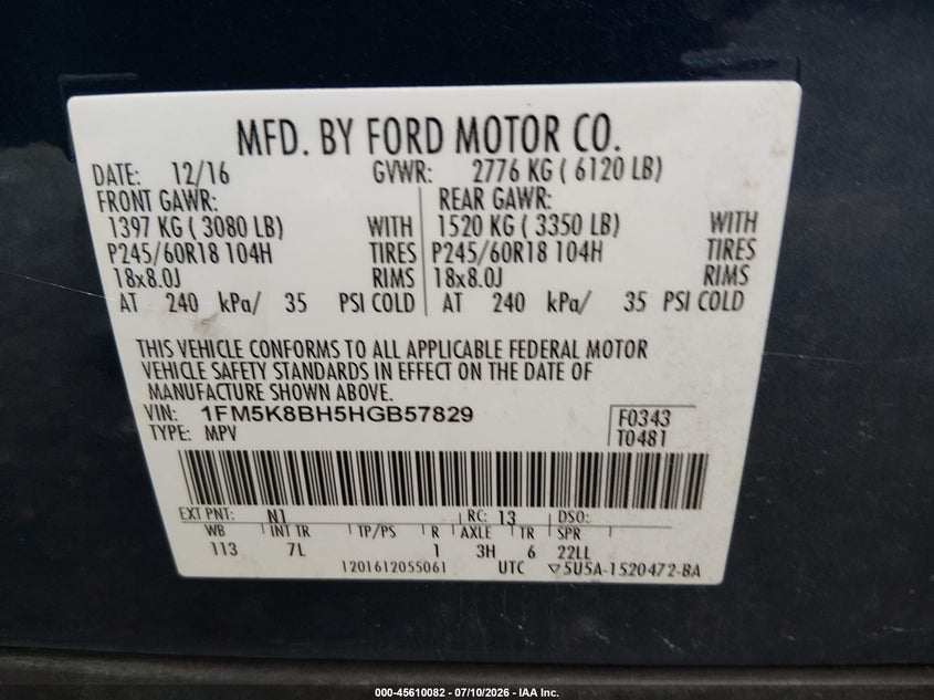 2017 Ford Explorer VIN: 1FM5K8BH5HGB57829 Lot: 45610082