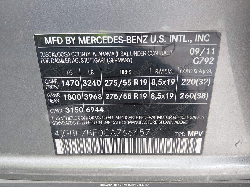 2012 Mercedes-Benz Gl 450 4Matic VIN: 4JGBF7BE0CA766457 Lot: 45610087