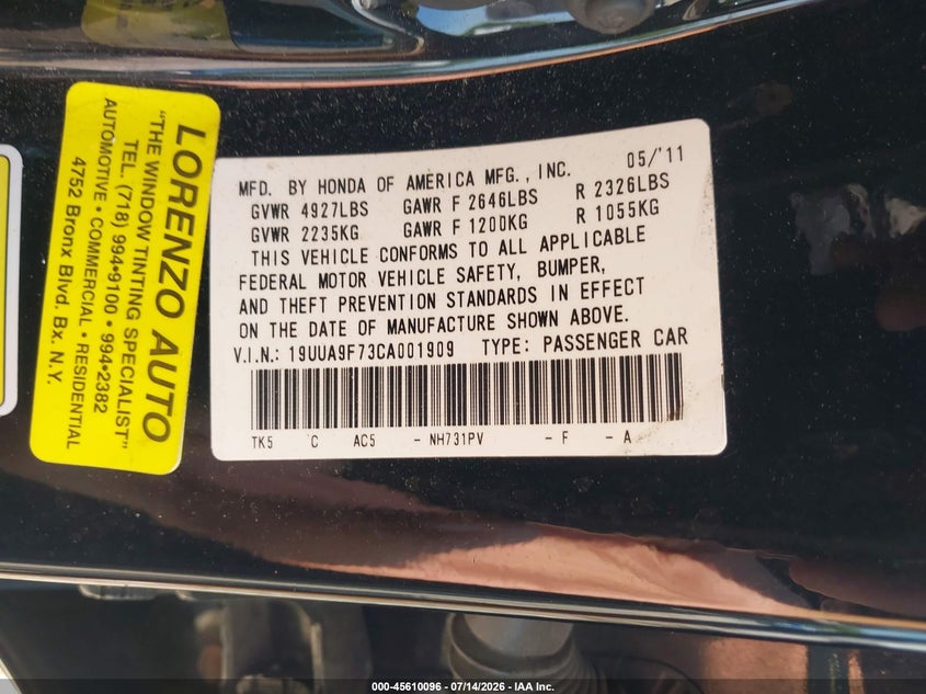 2012 Acura Tl 3.7 VIN: 19UUA9F73CA001909 Lot: 45610096