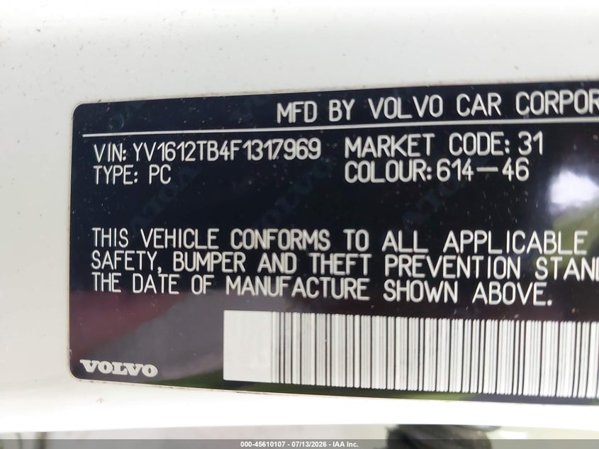 2015 Volvo S60 T5 Premier VIN: YV1612TB4F1317969 Lot: 45610107
