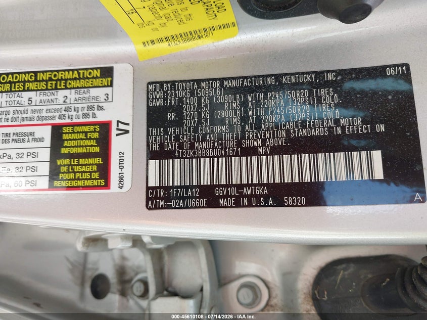 2011 Toyota Venza Base V6 VIN: 4T3ZK3BB8BU041671 Lot: 45610108