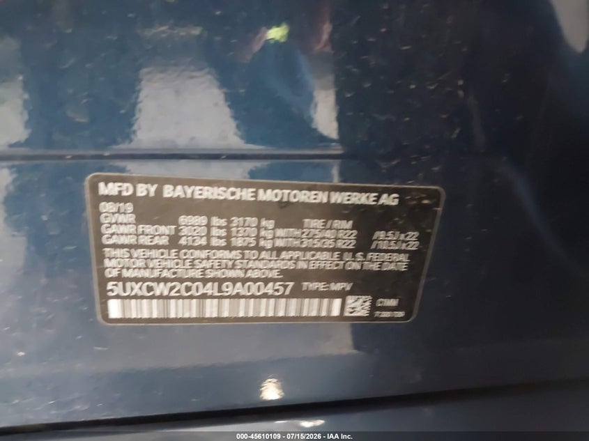 BMW X7 2020 VIN 5UXCW2C04L9A00457