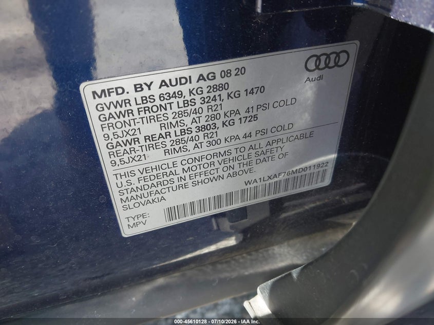 2021 Audi Q7 Premium Plus 55 Tfsi Quattro Tiptronic VIN: WA1LXAF76MD011922 Lot: 45610128