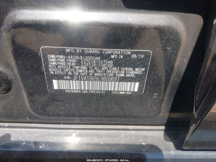 2020 Subaru Wrx Premium VIN: JF1VA1B69L9800697 Lot: 45610131