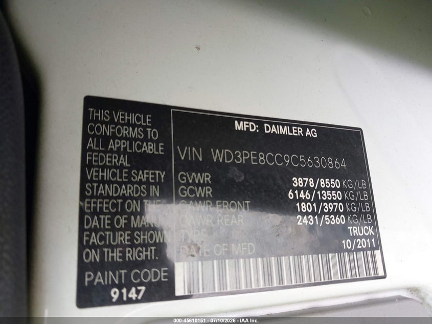 2012 Mercedes-Benz Sprinter 2500 High Roof VIN: WD3PE8CC9C5630864 Lot: 45610151