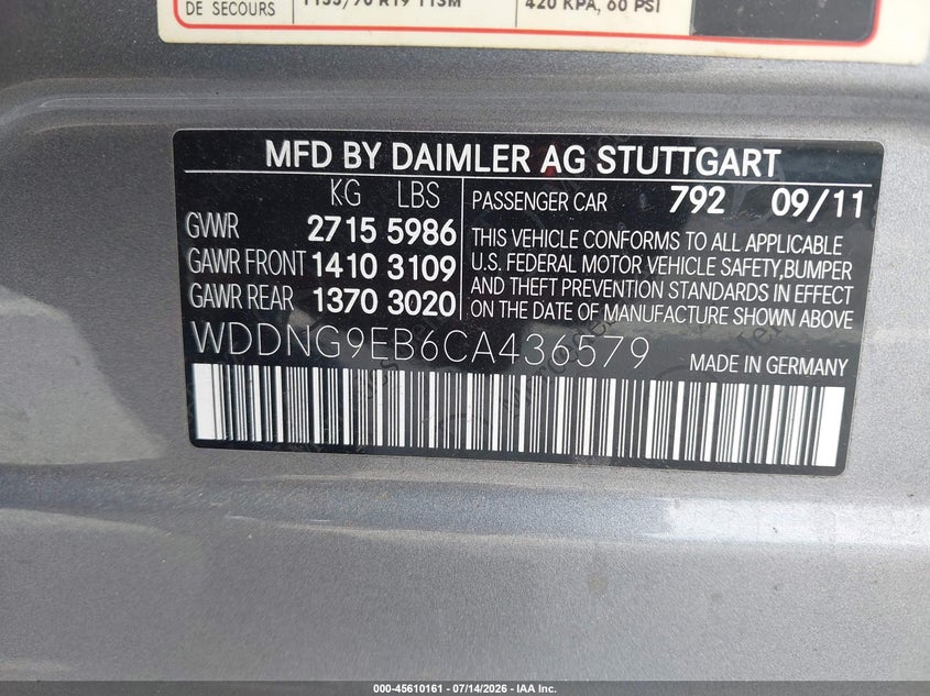 2012 Mercedes-Benz S 550 4Matic VIN: WDDNG9EB6CA436579 Lot: 45610161