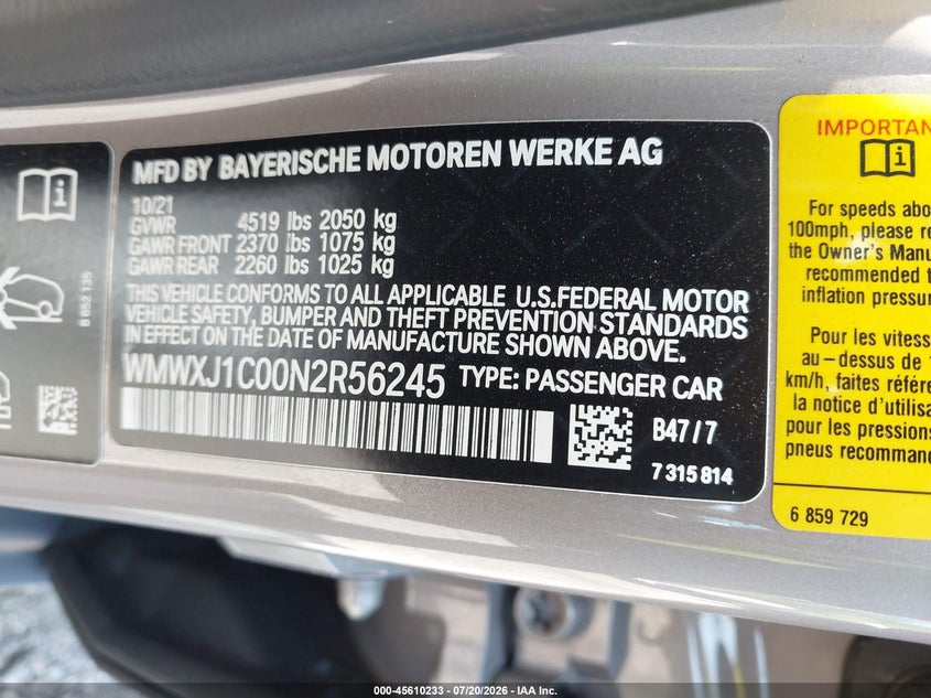 2022 Mini Clubman Cooper S VIN: WMWXJ1C00N2R56245 Lot: 45610233