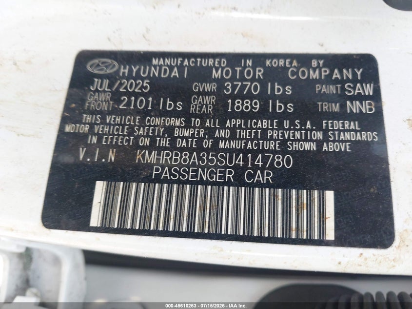 2025 Hyundai Venue Se VIN: KMHRB8A35SU414780 Lot: 45610263