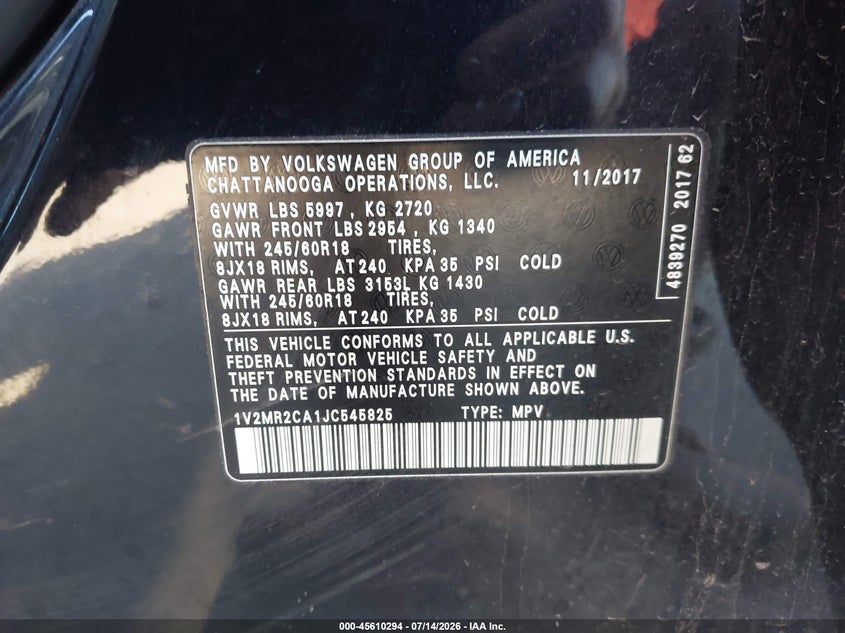 2018 Volkswagen Atlas 3.6L V6 Sel VIN: 1V2MR2CA1JC545825 Lot: 45610294